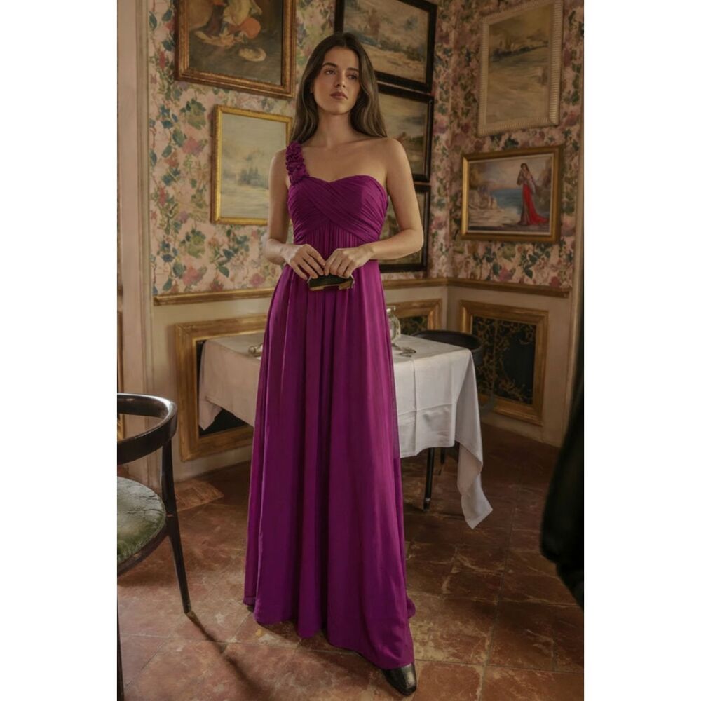 Vintage Cache 1 Shoulder Magenta Evening Gown Size 8 Made USA Formal Dress Y2K